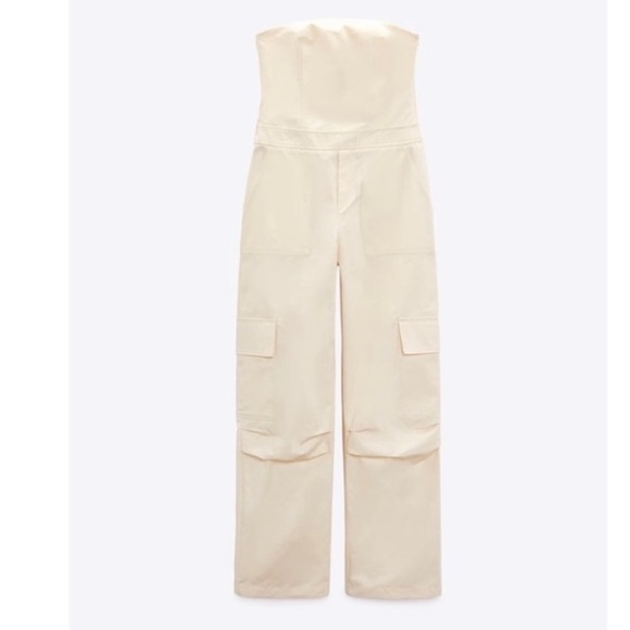 NWT Zara Strapless Wide Leg Cargo Jumpsuit in Off-White - Picture 10 of 16